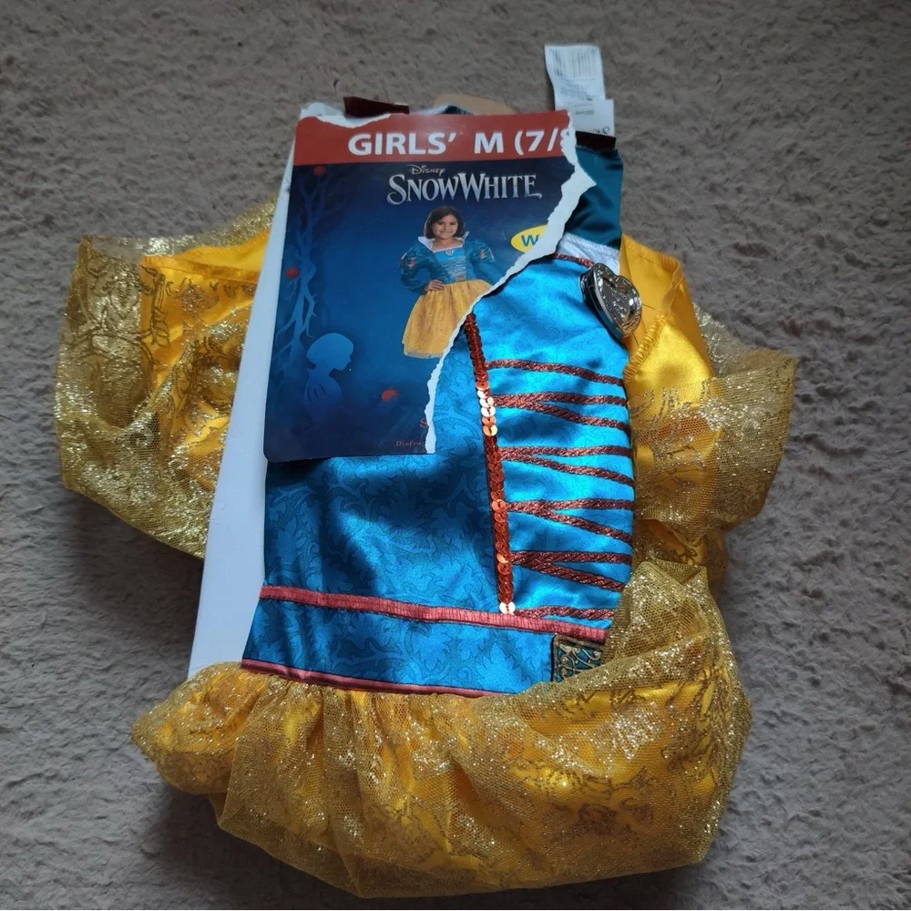 Snow White Live Action Deluxe Child Costume Girls M 7/8 Blue Yellow Red Sequin